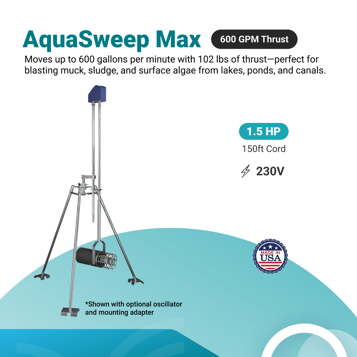 AquaSweep Max water cleaning device with specifications on a white background