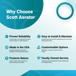 Scott Aerator promotional graphic with features and benefits on a blue and white background