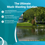 Advertisement for a muck-blasting solution with a lake and house background.