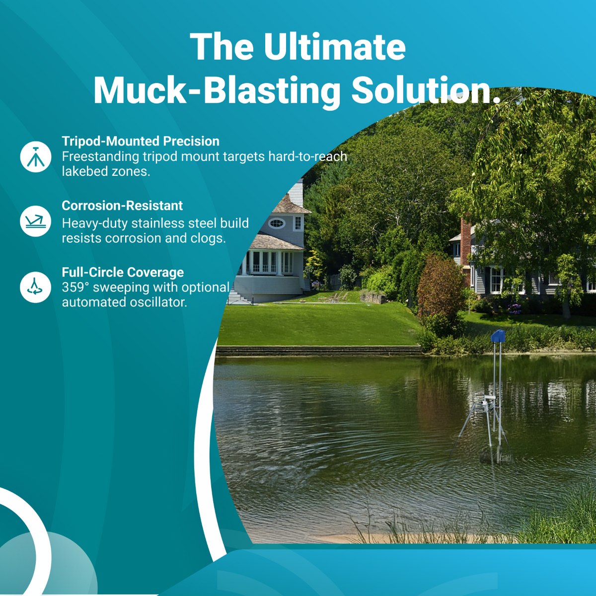 Advertisement for a muck-blasting solution with a lake and house background.