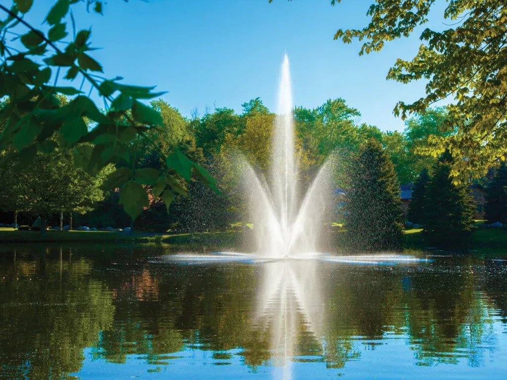 Fountain in a park with trees and clear blue sky