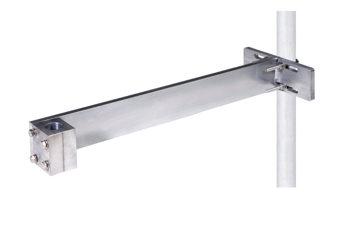 A metal dock post bracket designed to mount equipment on round metal posts.