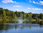 Fishing lake with a fountain in the center, surrounded by trees under a blue sky.