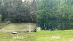 Side-by-side comparison of a pond before and after cleaning, with trees and grass in the background.