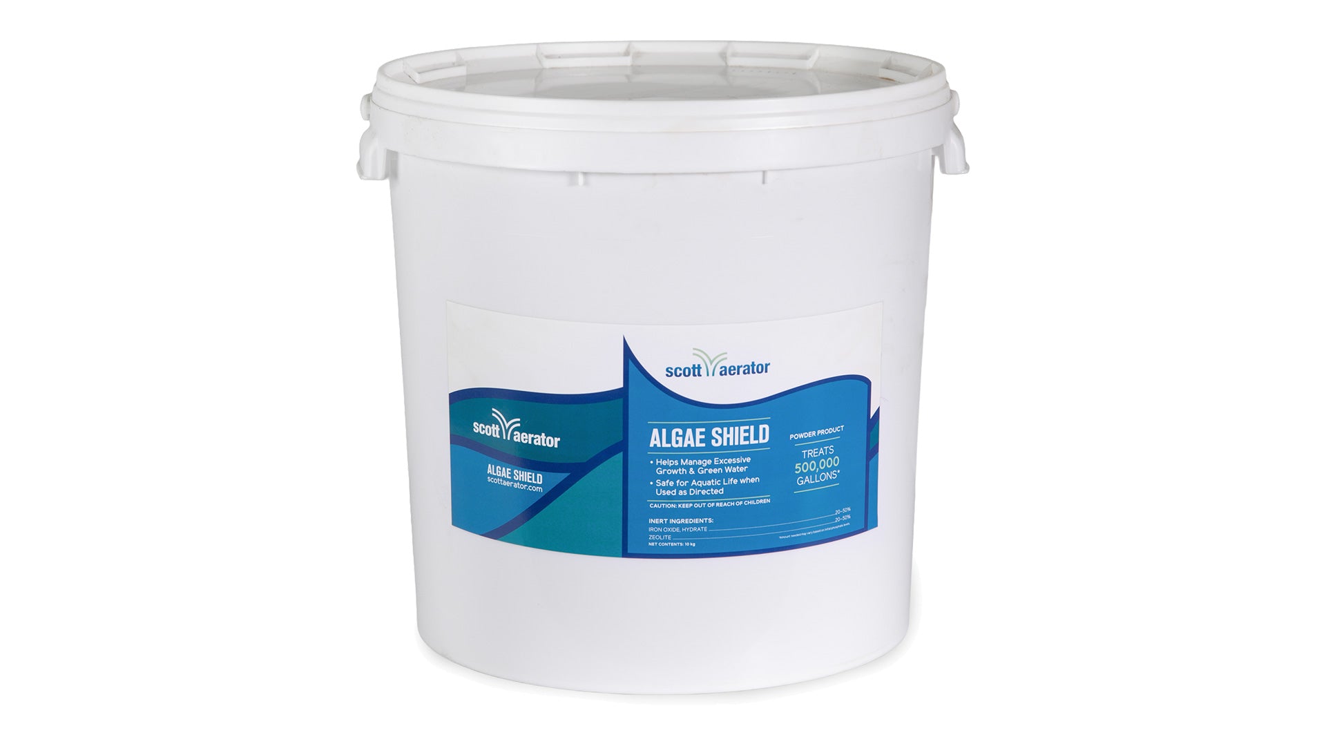 White bucket of Scotts Algae Shield on a white background