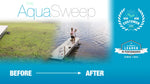 Promotional image for the Dock Mount Aquasweep featuring a before and after comparison of a waterfront area cleaned by the product, with a person standing on a dock and water flowing around.