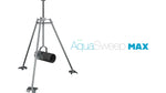 Blue control box mounted above two long stainless steel support poles on white