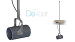 Metallic cylindrical de-icer with a handle on a white background, featuring the text 'The De-Icer'.