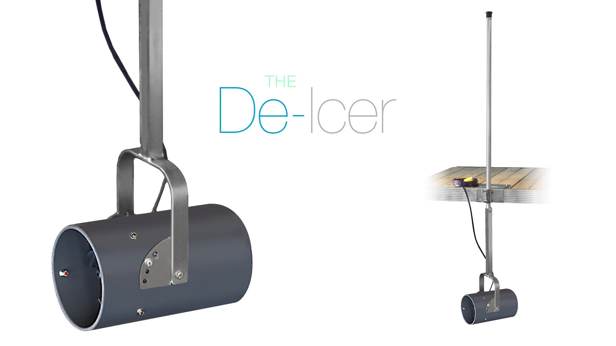 Metallic cylindrical de-icer with a handle on a white background, featuring the text 'The De-Icer'.