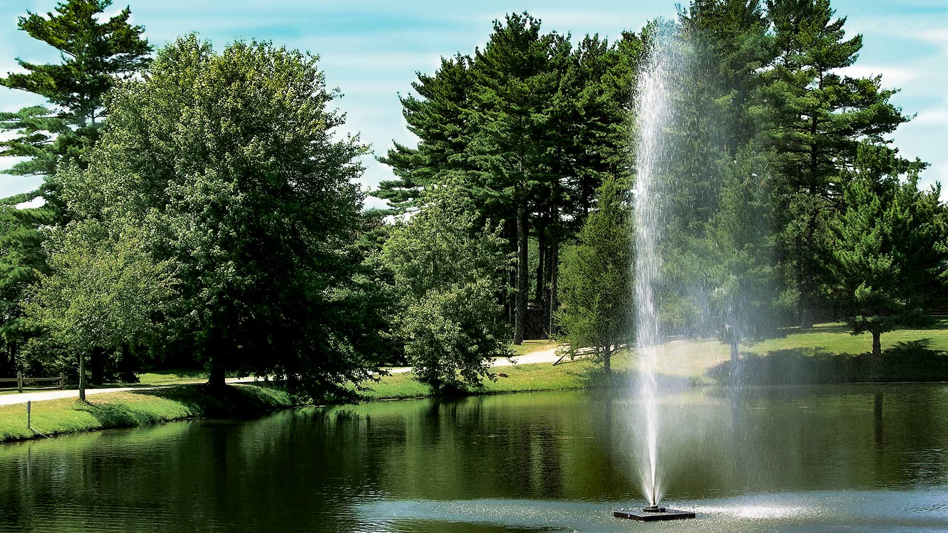 A jet stream fountain shooting water vertically into the air against a backdrop of trees, indicating it is designed for use in a pond or lake.