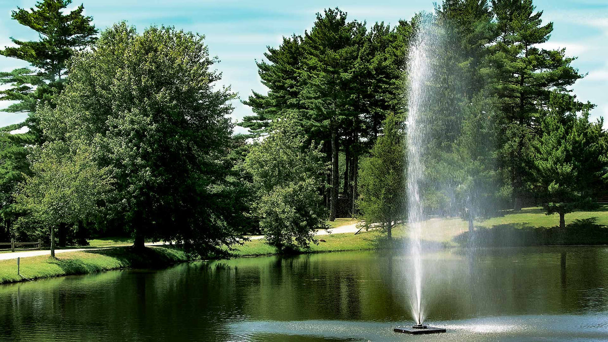 A jet stream fountain shooting water vertically into the air against a backdrop of trees, indicating it is designed for use in a pond or lake.