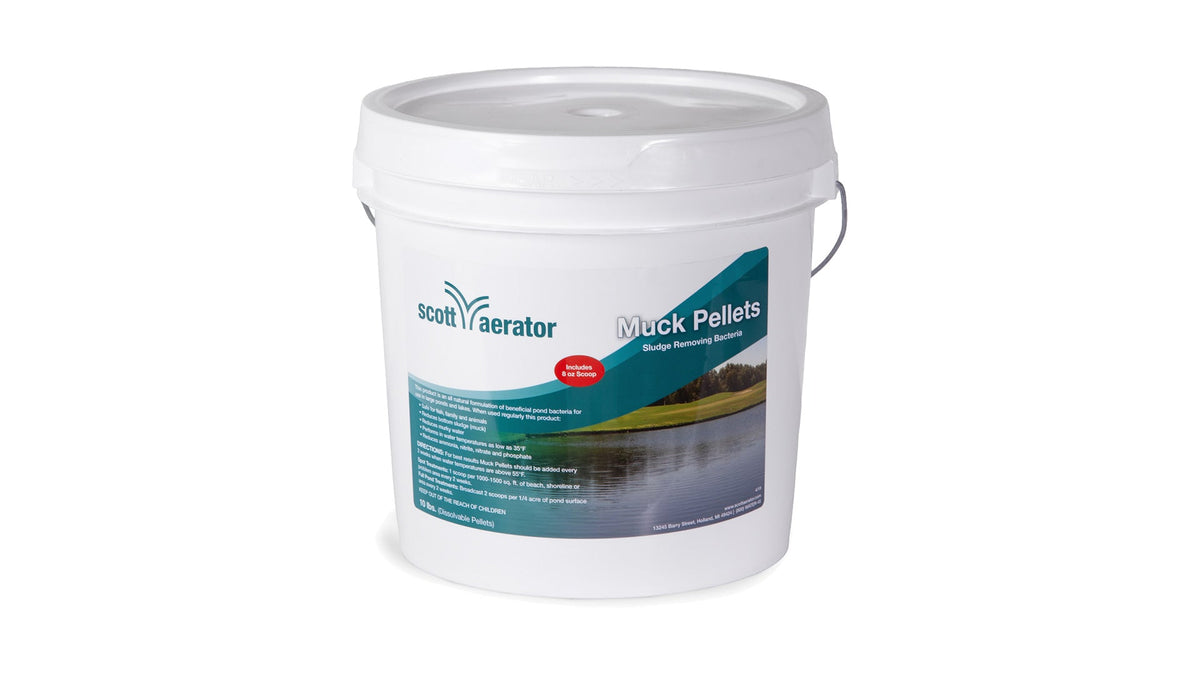 White bucket labeled 'Scott Aerator Muck Pellets' on a white background