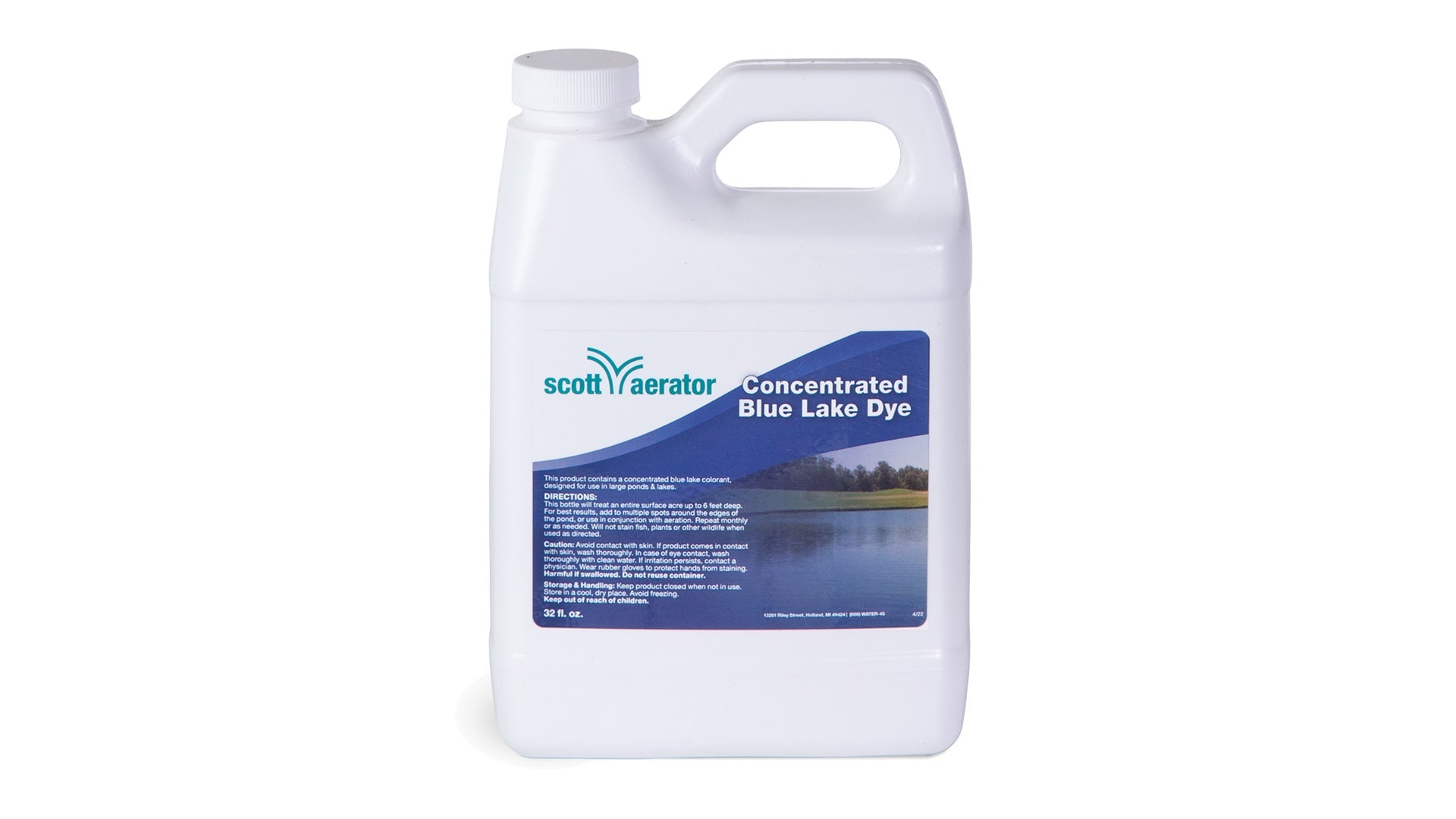 Scotts Waterer Concentrated Blue Lake Dye bottle on a white background