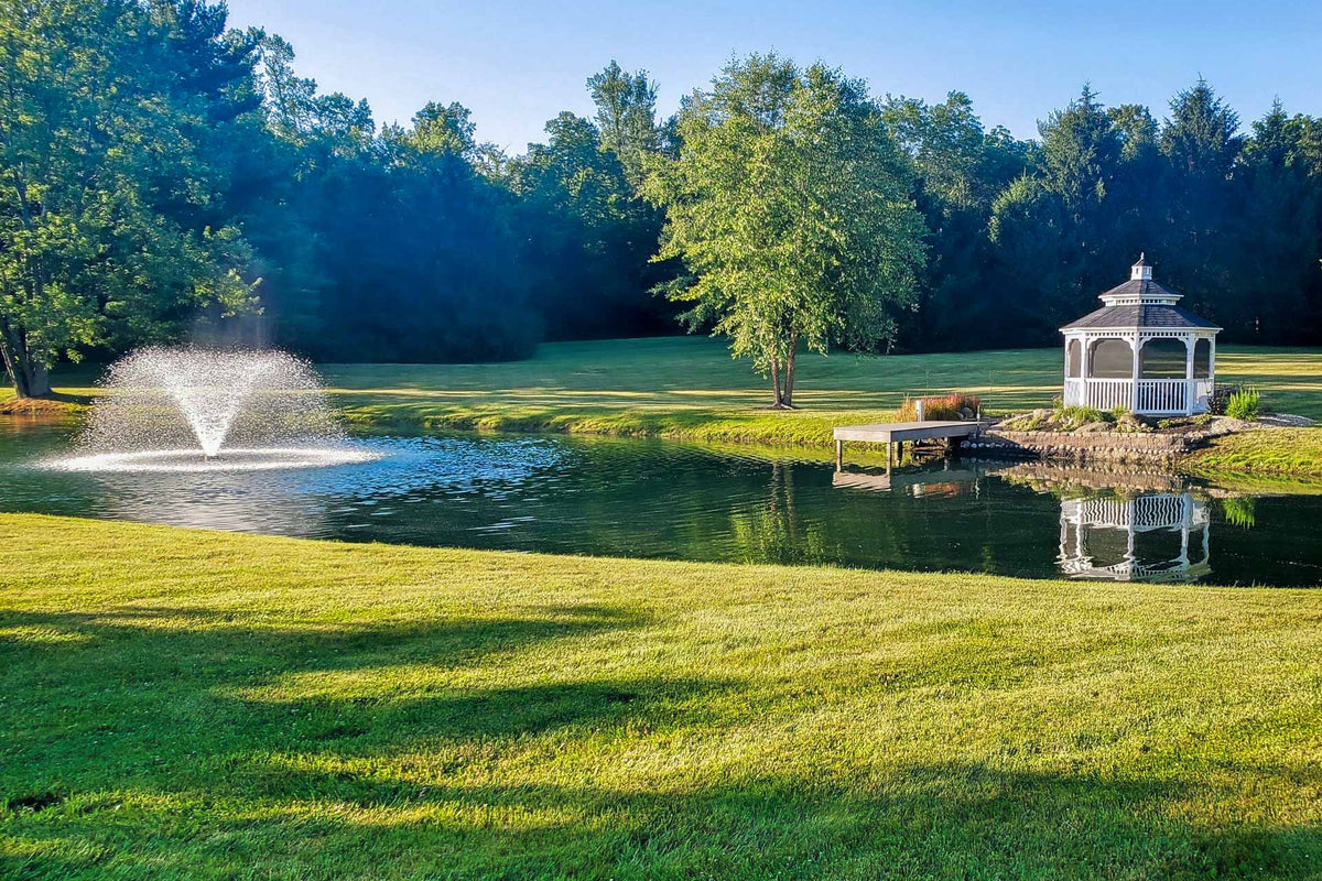 Pond with fountain and gazebo surrounded by trees on a sunny day