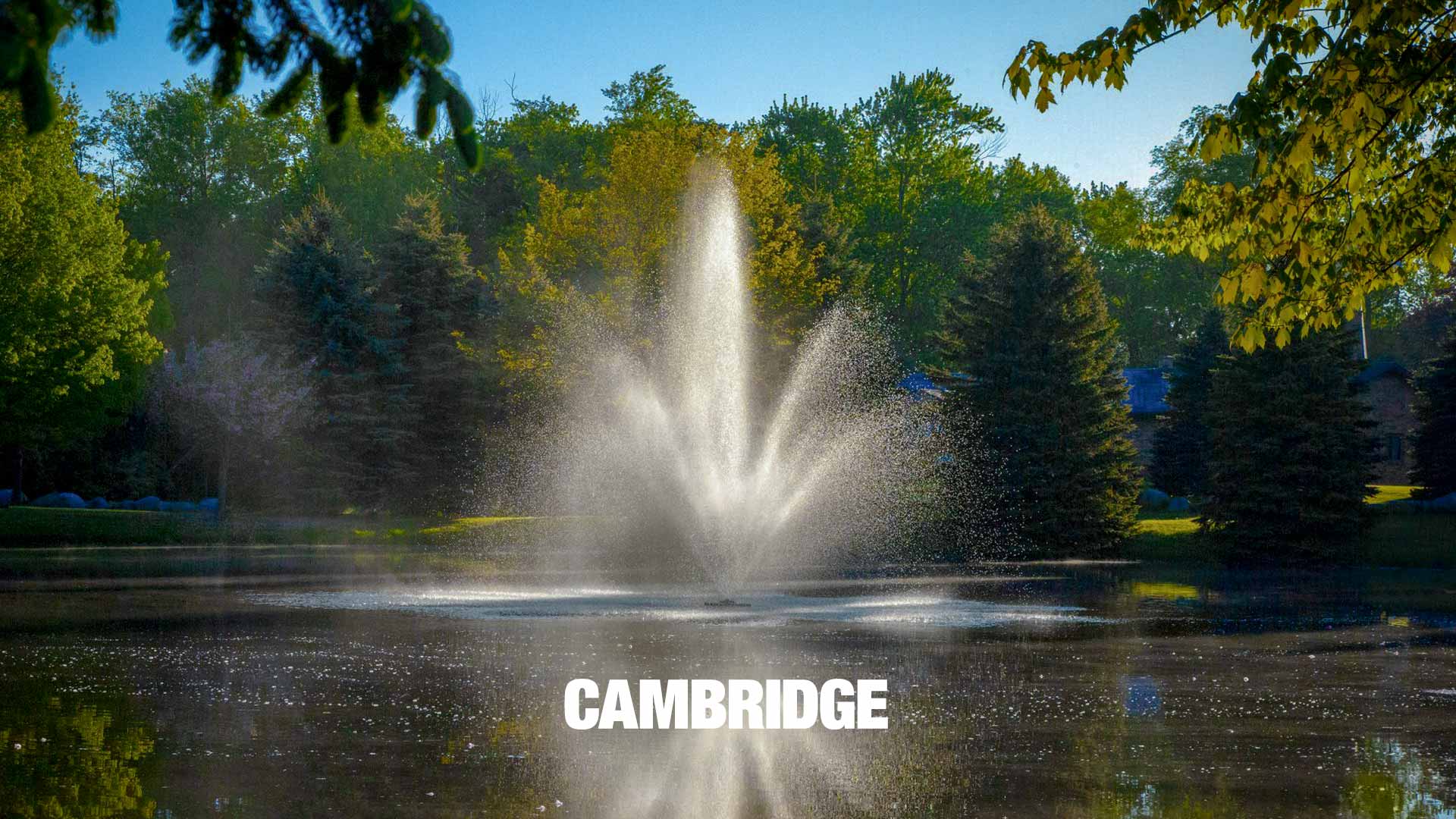 A pond fountain with multiple nozzles creating a symmetrical water display on a pond, with trees and sky in the background.